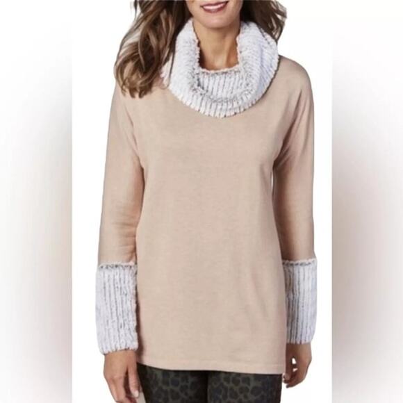 Soft Surroundings Apres Tunic Ribbed Cowl Neck Faux Fur Trim Long Sleeve M - Picture 1 of 6